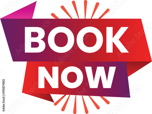 A colorful graphic with a 'Book Now' message on a white background