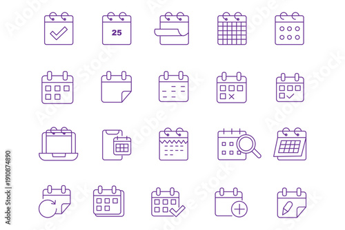 Minimal calendar and date line icons including schedule, event, deadline, reminder, planner, and time management. Editable stroke vector illustration.