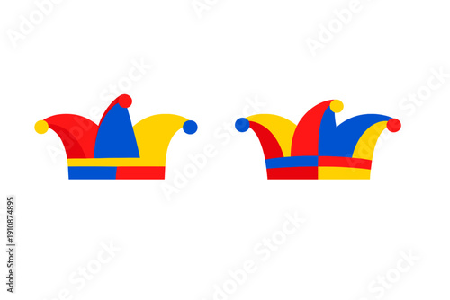 Two colorful jester hats with bells are displayed side-by-side against a solid black background. The hats feature vibrant red, blue, and yellow panels in a flat vector illustration style.