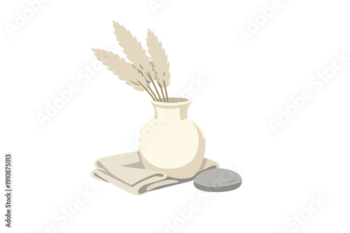 A minimalist illustration featuring a white ceramic vase with dried pampas grass stems, placed on a folded beige cloth next to a smooth grey stone against a solid black background.