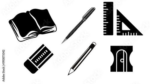 Collection of School and Office Stationery Supplies Silhouette Vector Illustration