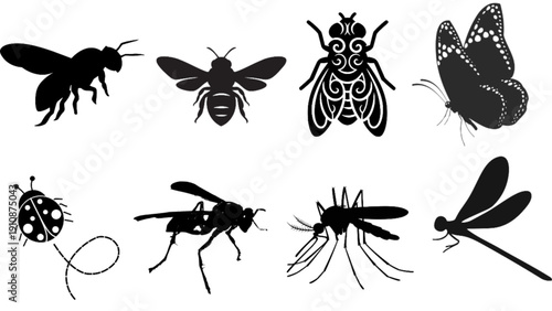 Insect Silhouette Set Bee Wasp Fly and Mosquito