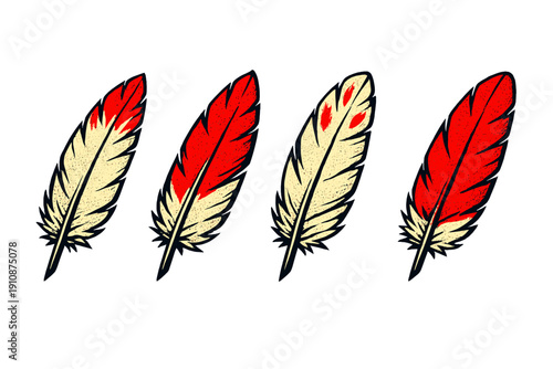 A set of four graphic feathers with red and off-white markings displayed on a black background. Each feather has a unique pattern and a vintage, textured appearance with black outlines.