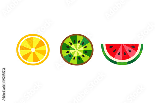Three stylized geometric fruit slices including an orange, a kiwi, and a watermelon are displayed in a row against a solid black background. The design is minimalist and colorful.