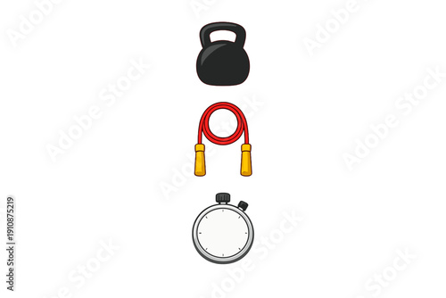 A vertical arrangement of three fitness icons including a black kettlebell, a red jump rope with yellow handles, and a silver stopwatch, all set against a solid black background.