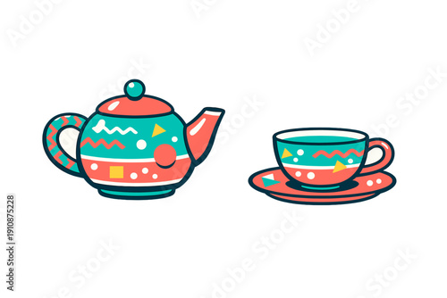 This flat vector illustration features a decorative teapot and matching teacup with saucer. Both items are adorned with colorful geometric patterns on a solid black background.