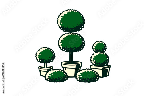 This graphic features a collection of manicured green topiary shrubs in cream-colored pots. The minimalist design shows spherical bushes and low hedges set against a dark background.