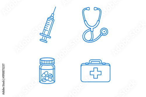 A collection of four blue medical icons including a syringe, stethoscope, pill bottle, and first aid kit set against a black background. These minimalist outline graphics represent healthcare.