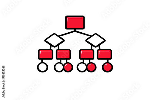 A stylized red and white organizational chart icon on a black background. The graphic features a hierarchical structure with rectangles, diamonds, and circles connected by lines.