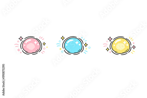 Three colorful glowing orbs in pink, blue, and yellow are illustrated against a solid black background. Each sphere is surrounded by hand-drawn sparkles, dots, and decorative lines.