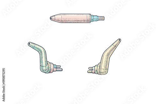 A set of three hand-drawn illustrations depicting medical or dental syringe tips. The sketches show one straight and two angled nozzles with light color accents on a black backdrop.