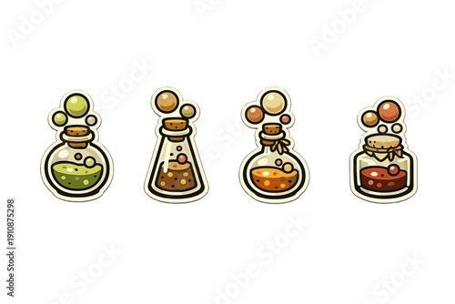 A set of four stylized fantasy potion bottles with colorful liquids in green, brown, orange, and red, featuring cork stoppers and floating bubbles against a black background.