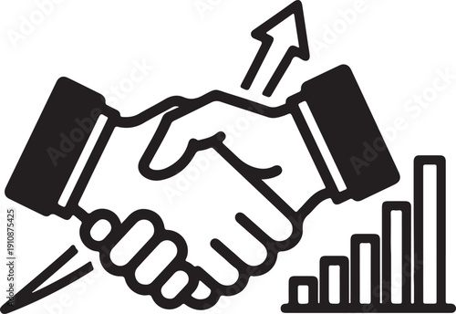 "Business partnership and financial growth illustration showing handshake with rising arrow and ascending bar chart symbolizing collaboration, agreement, success, and corporate progress"