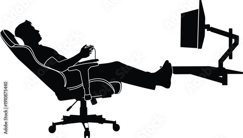 Black silhouette of a man reclining in an ergonomic gaming chair playing video games with a controller looking at a monitor on white background