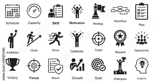 business success icons set, strategy goal achievement motivation symbols vector illustration on transparent background
