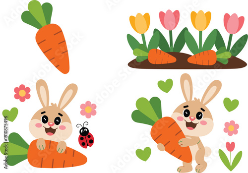 Cute bunny with carrot vector illustration set with spring flowers garden and cartoon rabbit characters