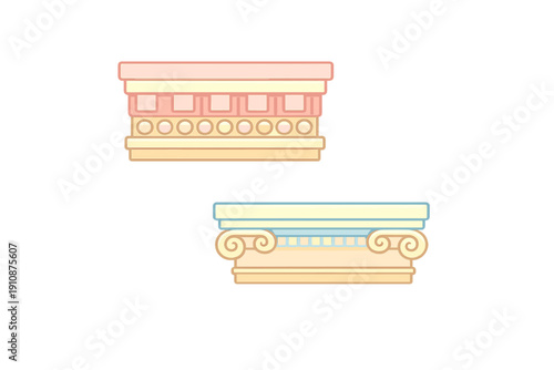 Two stylized illustrations of classical architectural column capitals are shown on a black background. One features pink geometric patterns, while the other is an Ionic style with blue scrolls.