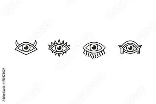 A set of four unique eye symbols arranged horizontally on a black backdrop. The minimalist white line art depicts various mystical themes including demonic and occult imagery.