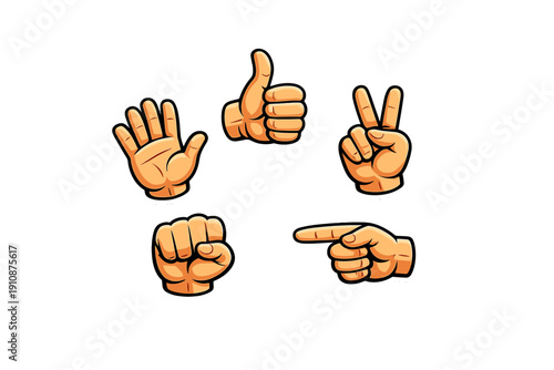 A collection of five cartoon hand gestures including a thumbs up, peace sign, open palm, clenched fist, and pointing finger, all featuring bold outlines on a black background.