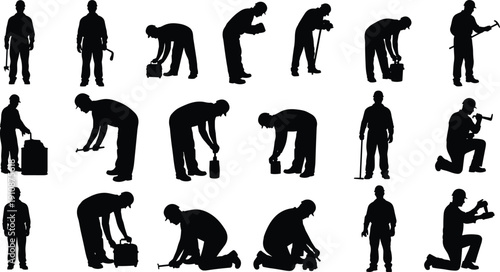 Black silhouette collection of industrial workers and laborers performing various manual tasks using tools and equipment isolated on white background for construction and trade