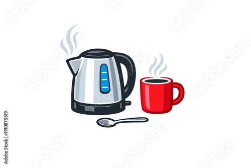 This vector illustration features a steaming silver electric kettle, a red ceramic mug filled with a hot drink, and a silver spoon, all isolated on a black background.