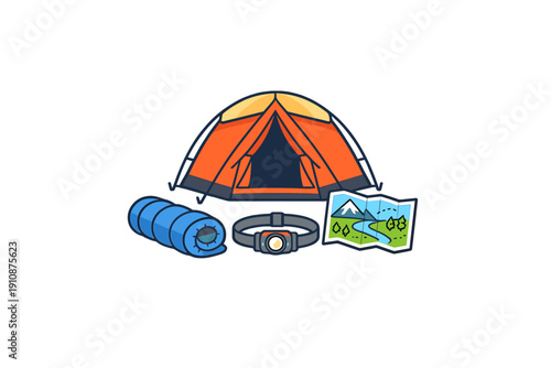 A flat vector illustration of essential camping equipment featuring an orange tent, a rolled blue sleeping bag, a headlamp, and a map with a mountain scene on a black background.