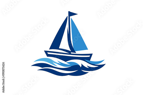 A stylized blue sailboat illustration with two sails and a small flag, floating on top of dynamic, layered waves. The graphic design uses various shades of blue against a black background.