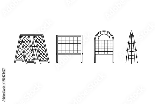 A black and white line drawing featuring four different types of garden trellises and plant supports, including an A-frame, rectangular grid, arched trellis, and a conical obelisk.