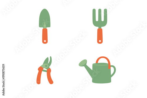 A collection of four essential gardening tools including a trowel, hand rake, pruning shears, and a watering can, presented in a flat illustration style with green and orange colors.