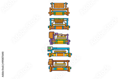 A vertical series of five colorful vector illustrations depicting various types of textile weaving looms and industrial machinery on a solid black background.