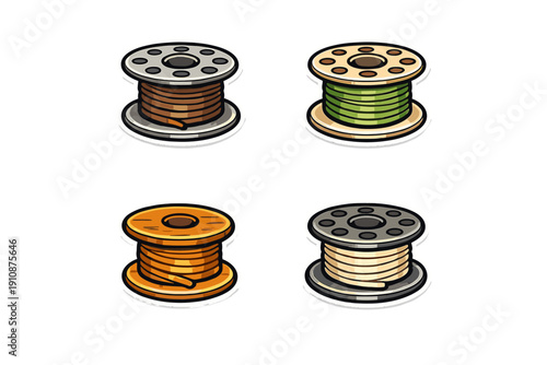 A set of four colorful thread spools in a cartoon sticker style, featuring brown, green, orange, and cream thread wound on metallic and wooden bobbins against a black background.