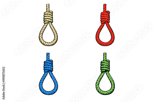 Four hand-drawn hangman's nooses in beige, red, blue, and green colors arranged in a grid against a solid black background. The illustration features a detailed rope texture.