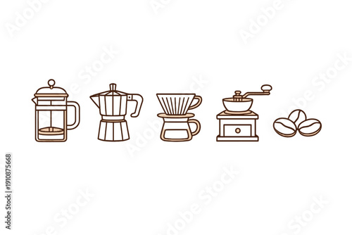 Minimalist brown line art icons of coffee brewing tools like a French press, Moka pot, pour-over dripper, manual grinder, and roasted beans, arranged horizontally on a black background.