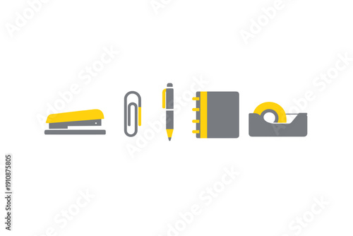 A collection of five minimalist office supply icons including a stapler, paperclip, pen, spiral notebook, and tape dispenser, illustrated in grey and yellow on a solid black background.