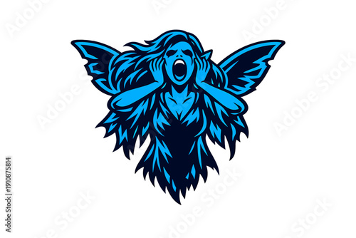 A blue vector mascot logo of a screaming female spirit with wings and long hair. The character has an open mouth and hands on her head, set against a solid black background.