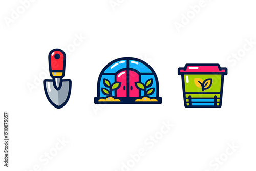 A set of three colorful gardening stickers featuring a hand trowel, a small greenhouse with plants, and a green compost bin, all presented in a flat vector style on a black background.