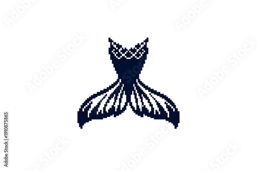 A pixel art illustration of a dark blue mermaid tail with white decorative patterns and highlights, set against a solid black background in a retro digital style.