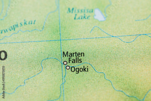 Printed map close up featuring Marten Falls and Ogoki area.