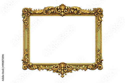 An ornate gold picture frame with intricate baroque carvings and floral details is centered against a solid black background, featuring a classic rectangular shape with decorative edges.