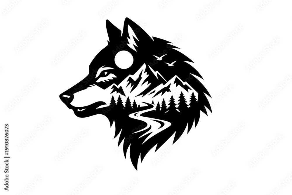 Fototapeta This minimalist black and white line drawing depicts a wolf's head in profile, using sketchy strokes to outline its fur, ear, and snout against a stark white background.