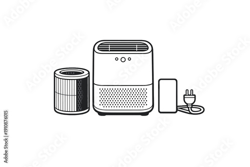 A black and white line art illustration of a modern air purifier set including the main unit, a cylindrical replacement filter, and a power adapter with a plug on a black background.