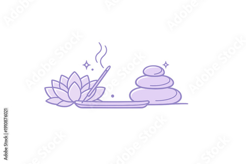 A purple line art illustration featuring a blooming lotus flower, a burning incense stick in a holder, and a stack of balanced zen stones on a dark background.