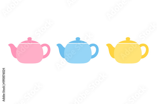 Three colorful teapots in pink, blue, and yellow are arranged in a horizontal row against a solid black background. This simple flat illustration shows a minimalist kitchenware design.