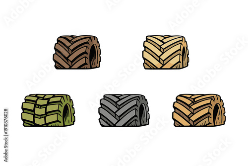 Five stylized heavy-duty tractor tires are displayed in different colors like brown, green, and orange. Each tire has a thick tread pattern and is shown on a solid black background.