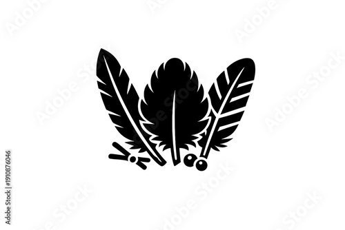 A minimalist abstract graphic featuring a single curved white line and two small white dots set against a solid black background. The overall composition is simple and modern.