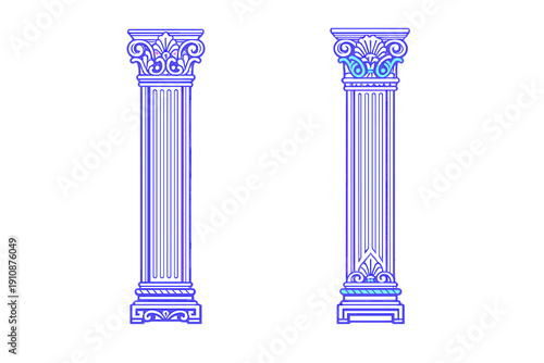 Two stylized classical columns with ornate capitals and fluted shafts are illustrated in vibrant purple and blue neon colors against a solid black background for a modern look.