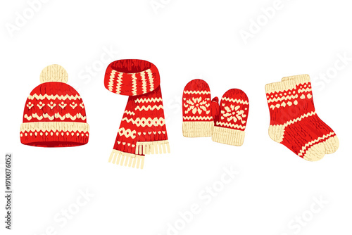 A collection of red and white knitted winter clothing items featuring a hat, scarf, mittens, and socks with traditional Nordic patterns, isolated on a black background.