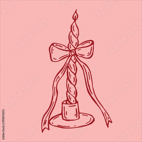 A beautiful vector illustration of a red candelabra featuring a twisted candle and a bow, elegantly placed on a soft pink background