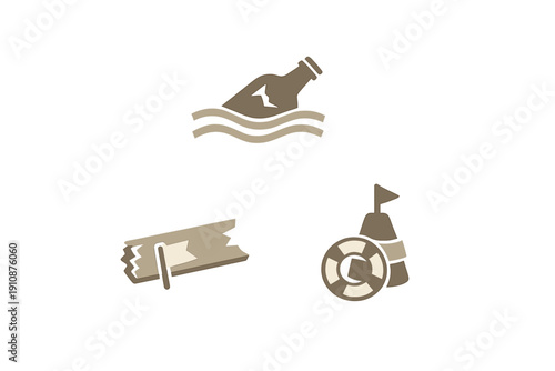 A collection of three minimalist nautical icons featuring a broken bottle floating on waves, a piece of parchment with a clip, and a lifebuoy next to a sandcastle with a flag.