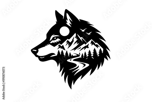 This minimalist black and white line drawing depicts a wolf's head in profile, using sketchy strokes to outline its fur, ear, and snout against a stark white background.